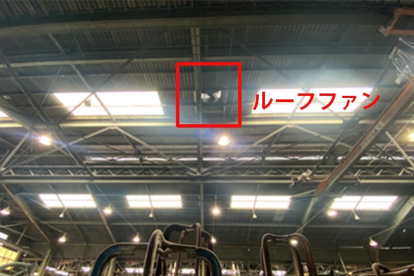 設置したルーフファン<br>ルーフファンの設置により熱と粉塵の排出が進み、環境が改善されました。