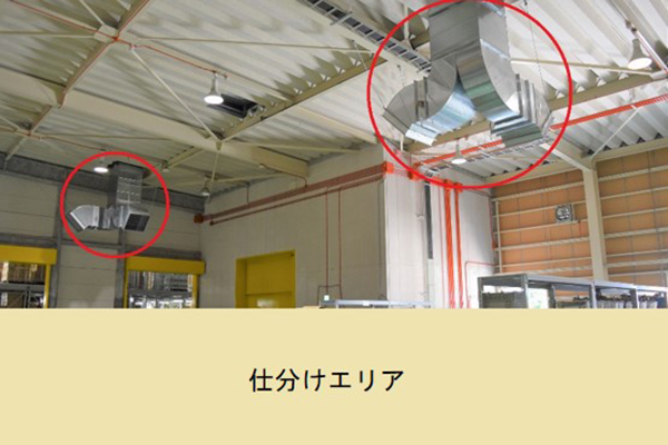 ダクトを通路に対して平行に分岐。風量調節を2段階にし、求める風量に合わせて送風可能。