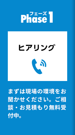 Phase1：ヒアリング 長年の実績に基づき、お客様の環境に最適な提案をさせていただきます。具体的な案件の相談は、ぜひお問合せ下さい。